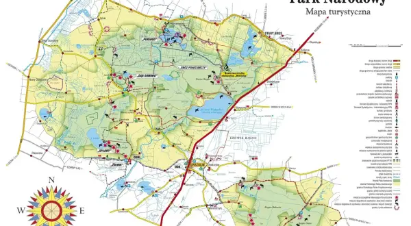 Mapa turystyczna Poleskiego Parku Narodowego. Atrakcje obejmują jeziora, bagna, ścieżki edukacyjne i zabytki.