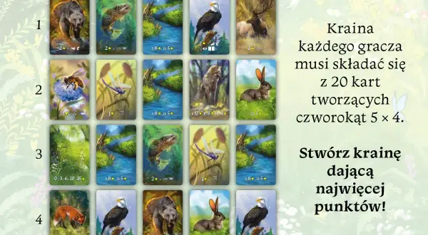 Karty do gry ekosystem: niedźwiedź, ryba, strumyk, orzeł, jeleń, pszczoła, ważka, wilk, królik, lis.