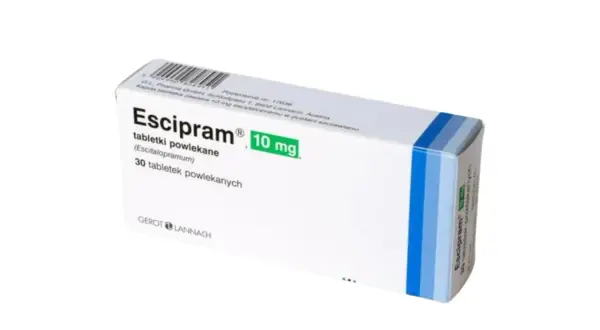 Opakowanie leku Escipram 10 mg, zawierające 30 tabletek powlekanych z escitalopramem.