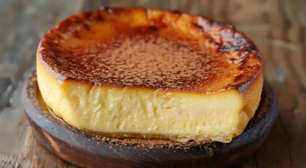 Un délicieux flan sans pâte, saupoudré de cacao, sur un plat en bois. Parfait pour une recette facile et gourmande.