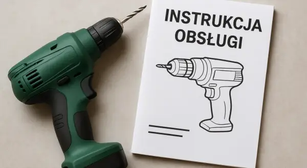 Zielona wkrętarka obok instrukcji obsługi z rysunkiem wkrętarki.