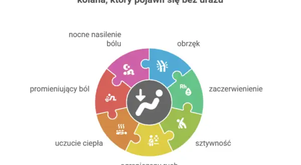 Nagły ból kolana bez urazu może objawiać się obrzękiem, zaczerwienieniem, sztywnością, ograniczonym ruchem, uczuciem ciepła, promieniującym bólem i nocnym nasileniem.