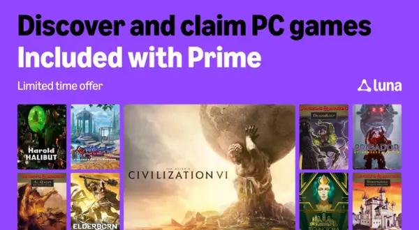 Kolaż okładek gier PC, w tym Civilization VI, z logo Prime Gaming i Amazon Luna.