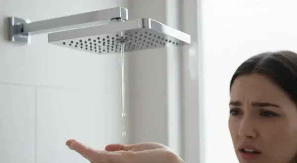 Une femme au visage déconfit teste l'eau de la douche. Elle n'a que de l'eau chaude dans sa douche, quelle déception !