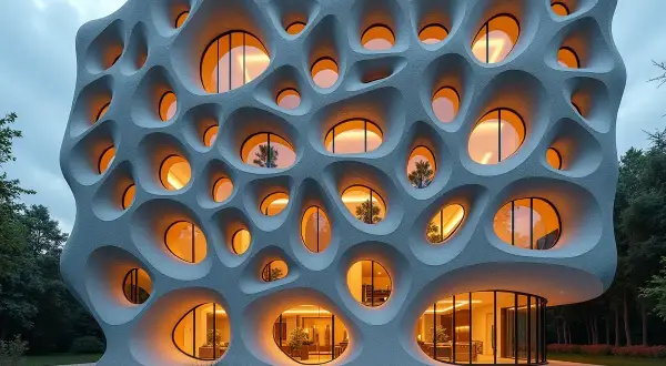 Fascynujący budynek z organiczną fasadą, gdzie okna tworzą wzory przypominające fraktale w architekturze.