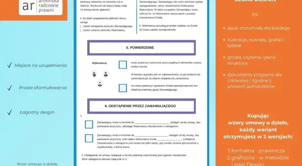 Wzór umowy o dzieło w wersji Legal Design: przejrzysty, zrozumiały, z grafikami. Idealny dla każdego.