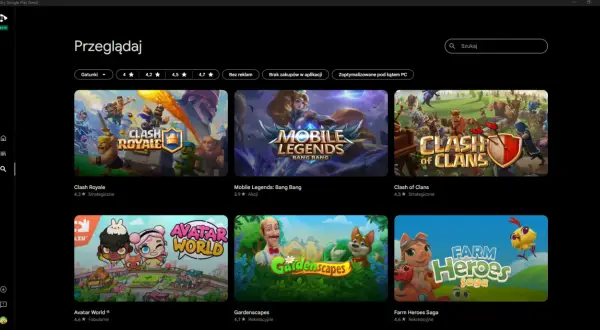 Gry Google Play na PC: Clash Royale, Mobile Legends, Clash of Clans, Avatar World, Gardenscapes, Farm Heroes Saga.