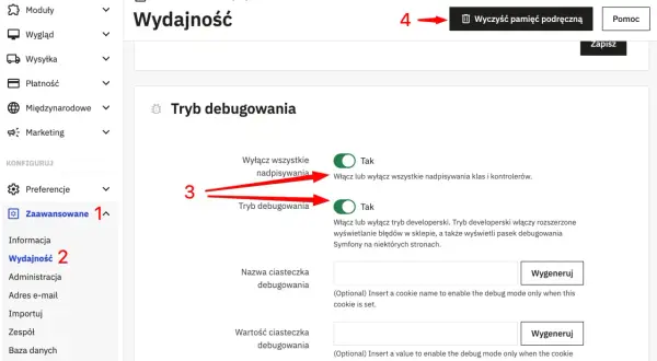 Panel administracyjny PrestaShop: zakładka Zaawansowane > Wydajność. Włącz tryb debugowania, aby wyświetlać błędy.