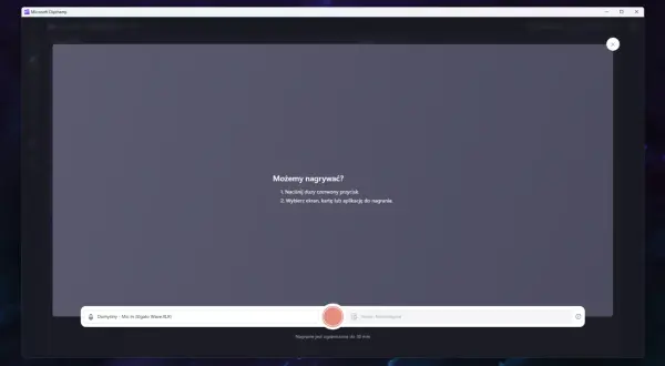 Nagrywanie ekranu Windows 10 w Clipchamp. Wybierz ekran, kartę lub aplikację do nagrania. Domyślny mikrofon jest gotowy.