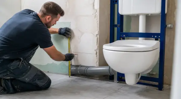 Un ouvrier mesure la hauteur idéale pour l'installation d'un WC suspendu, pensant à la hauteur wc personnes âgées pour un confort optimal.