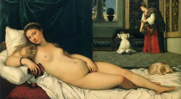 A reclining nude woman, a classic subject in renaissance paintings of women's bodies, rests on a bed. In the background, two figures attend to a chest.