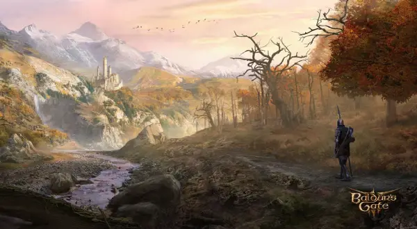 Rycerz w zbroi na tle górskiego krajobrazu z zamkiem i jesiennym lasem. Czy Twój sprzęt sprosta wymaganiom Baldur's Gate 3?
