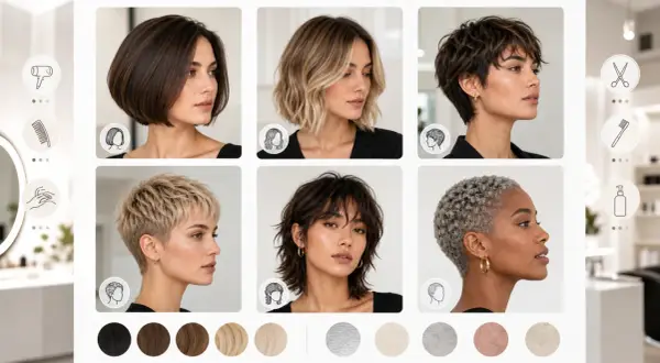 Seis estilos de cortes de pelo corto mujer: bob, lob ondulado, pixie desordenado, corte texturizado, shaggy y rizado.