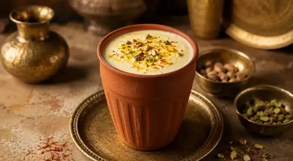 En krämig mango lassi i en terrakottaglas, toppad med pistagenötter och saffran.