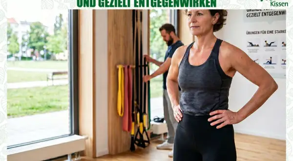 Frau im Fitnessstudio, die sich auf Übungen gegen Hohlkreuz (Hyperlordose LWS) vorbereitet. Ein Mann im Hintergrund wählt Trainingsbänder.