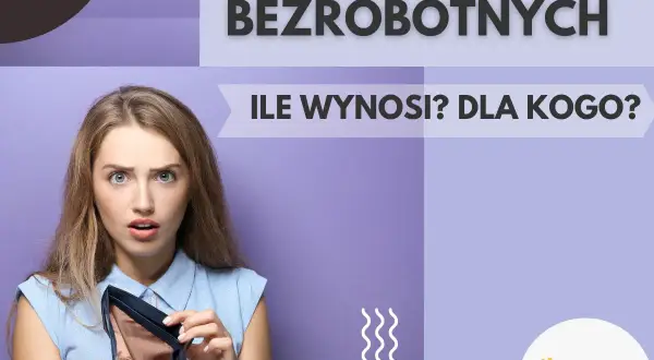 Zasiłek dla bezrobotnych 2026: młoda kobieta z pustym portfelem, pytająca "Ile wynosi? Dla kogo?".