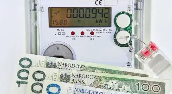 Licznik energii elektrycznej z polskimi banknotami. Zastanawiasz się, ile kosztuje 1 kWh?