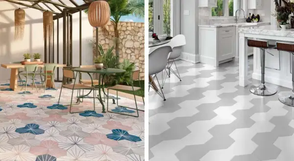 Calepinage carrelage 60x60 : sols géométriques et floraux pour terrasses et cuisines modernes.