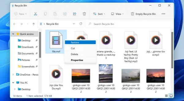 Recycle Bin shows a deleted file.mxf, a video file, with a context menu open offering to restore it.