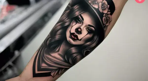 Un tatuaje chicano de una mujer con maquillaje de payaso, sombrero de copa adornado con rosas y cabello ondulado.