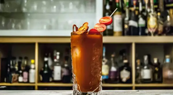 Orzeźwiający drink Krwawa Mary z pomidorkami i suszonymi papryczkami, gotowy do podania na barze.