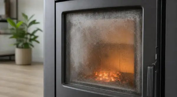 Gros plan sur la vitre noire d'un poêle à granulés, révélant les braises incandescentes. Un réglage parfait pour une ambiance chaleureuse.