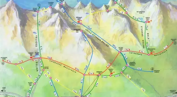 Mapa szlaków turystycznych w Tatrach Słowackich. Pokazuje najpiękniejsze szlaki w Tatrach dla początkujących, z zaznaczonymi dolinami i czasami przejść.