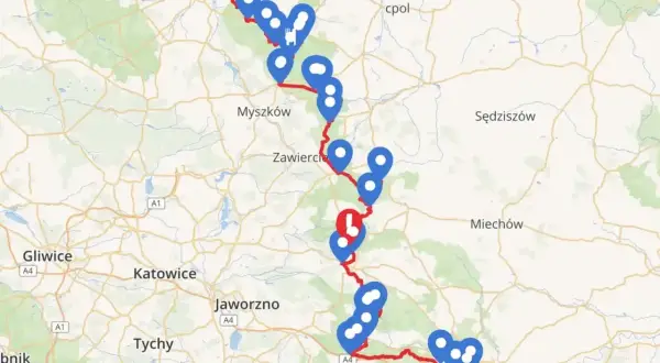 Mapa z zaznaczonym szlakiem Orlich Gniazd samochodem. Trasa prowadzi od Częstochowy przez Myszków, Zawiercie, aż do Krakowa, z licznymi punktami widokowymi.