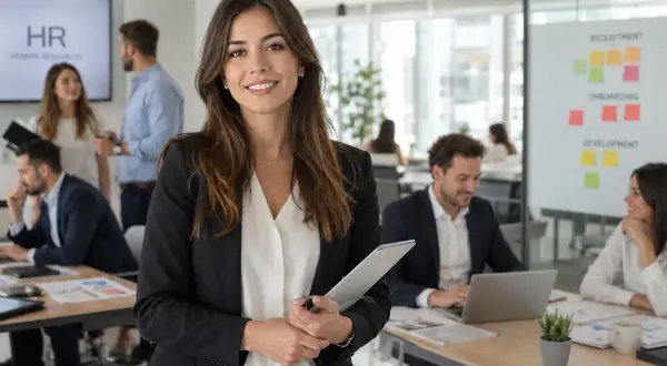 Sorriso di una manager risorse umane in ufficio, con colleghi al lavoro sullo sfondo.