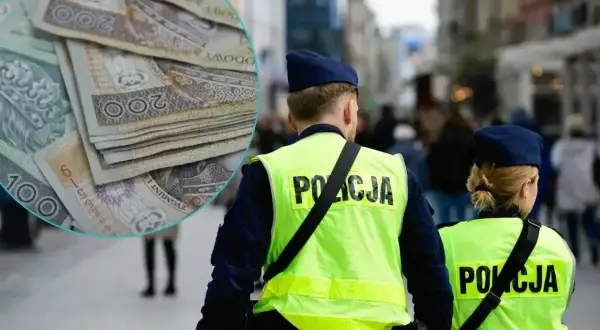 Policjanci w kamizelkach odblaskowych na tle miasta i stos banknotów. Czy to wizualizacja przyszłej emerytury policyjnej?
