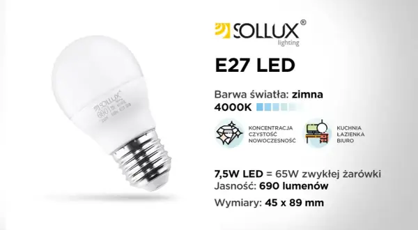 Żarówka LED Sollux E27 o barwie zimnej 4000K, 7,5W, zastępuje żarówkę halogenową 65W. Jasność 690 lumenów.