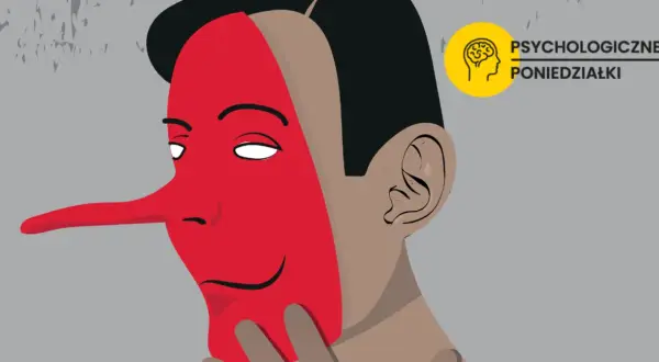 Postać z czerwoną maską Pinokia, zastanawiająca się, dlaczego kłamiemy. Obok logo "Psychologiczne Poniedziałki".