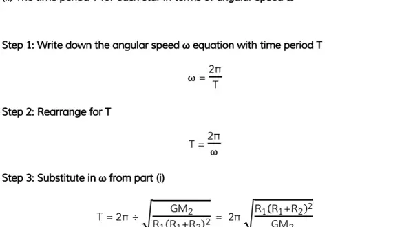 Schritt-für-Schritt-Herleitung der Umlaufdauer Formel T = 2π / ω, mit Einsetzung von ω.