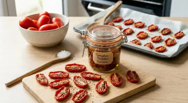 Préparation de tomates séchées maison : tomates fraîches, séchées sur une plaque et en bocal, prêtes pour une délicieuse recette.