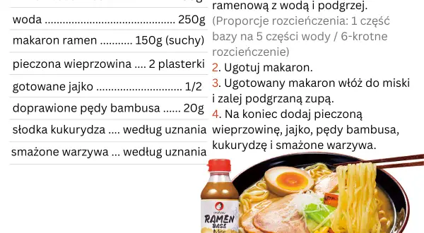 Przepis na ramen z dodatkami: makaron, pieczona wieprzowina, jajko, pędy bambusa, kukurydza i warzywa. Baza miso do ramenu.