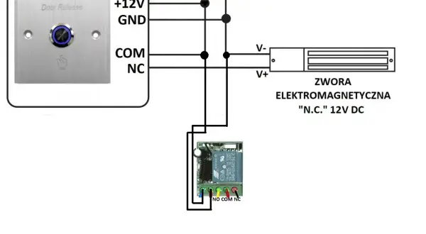 Schemat podłączenia przycisku "Door Release" do zwory elektromagnetycznej 12V DC. Jak podłączyć dodatkowy przycisk do otwierania furtki.