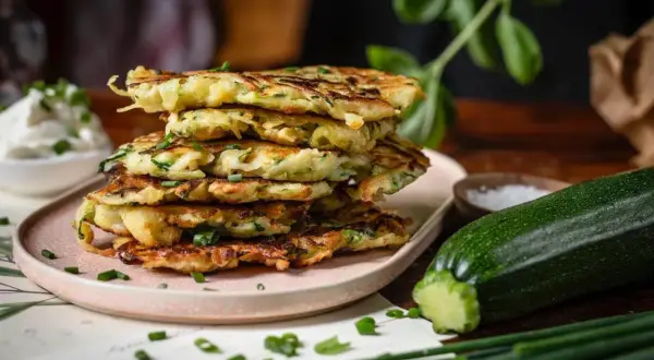 Stapel goldbrauner Zucchini Kartoffel Puffer, garniert mit Schnittlauch. Daneben eine Zucchini und eine Schale Salz.