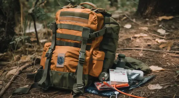 Mochila táctica naranja y verde con accesorios de supervivencia, lista para la aventura.