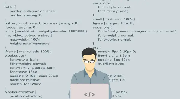 Programista przy laptopie, na ekranie kod CSS. Szybkie wyszukiwanie słowa w tekście to klucz do efektywnego kodowania.