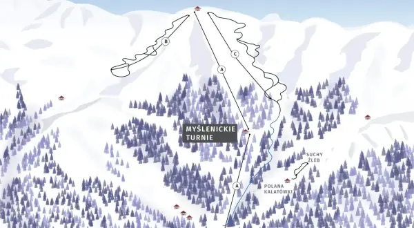 Mapa tras narciarskich na Kasprowym Wierchu. Widok z lotu ptaka na ośnieżone stoki, lasy i wyznaczone trasy zjazdowe.