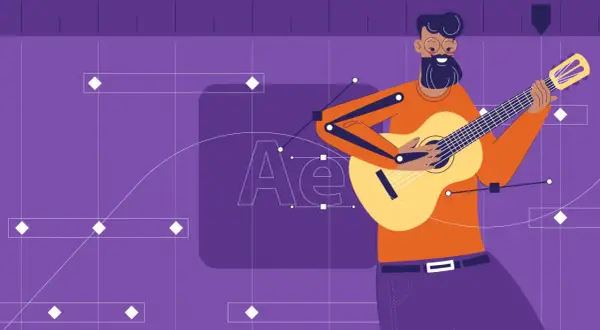 Animowany muzyk gra na gitarze, tworząc muzykę w programie After Effects. Efekt **slowmotion** podkreśla płynność animacji.