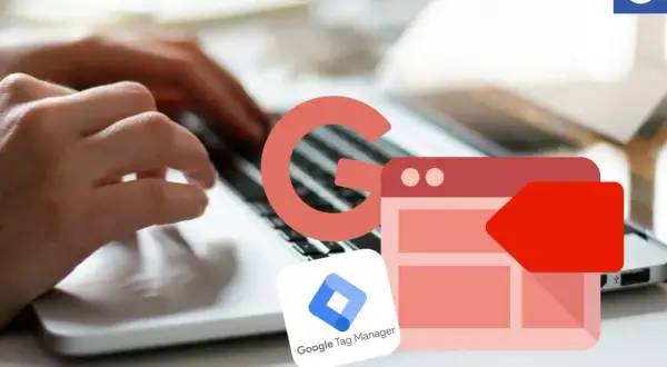 Ręce piszą na laptopie, a obok ikony Google i Google Tag Manager.