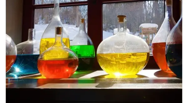 Kolorowe płyny w kolbach, jak uratować zoctowane wino? Słońce odbija się od szkła, tworząc magiczne refleksy.