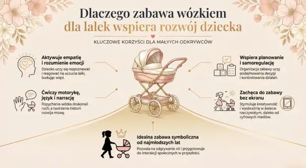 Zabawa lalkami w wózku rozwija empatię, motorykę i kreatywność, ucząc planowania i interakcji społecznych.