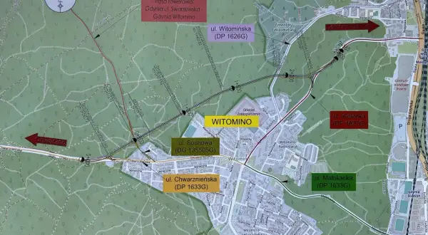 Mapa przedstawia przebieg obwodnicy Witomina, drogi rowerowe i ulice.