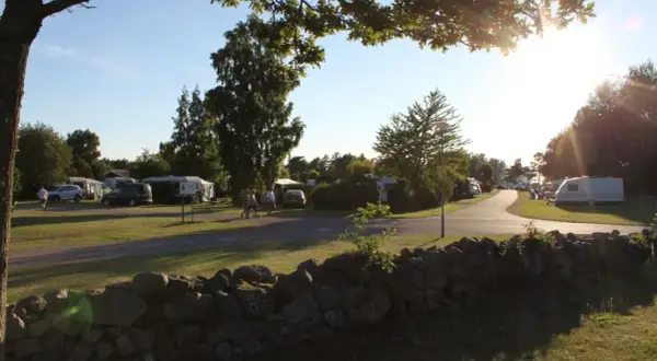 Solig dag på haga park camping. Husvagnar och bilar står uppradade på gräsmattor.