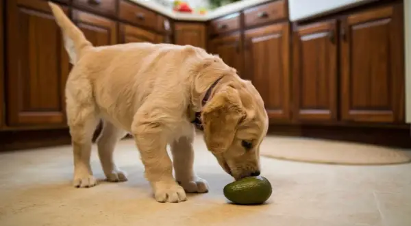 Un cachorro curioso explora un aguacate en la cocina. ¿Sabías que los perros pueden comer aguacate?