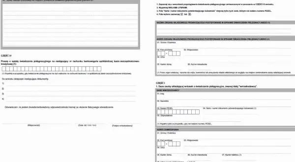 Wniosek o świadczenie pielęgnacyjne. Formularz zawiera dane wnioskodawcy, adres zamieszkania i dane członków rodziny przebywających za granicą.