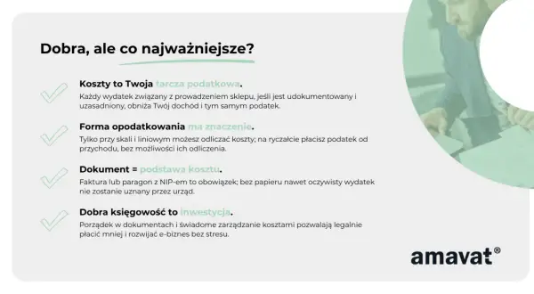 Dobra księgowość to inwestycja. Koszty to tarcza podatkowa, a dokument = podstawa kosztu. Prowadzenie e-biznesu z jdg jest łatwiejsze z porządkiem w dokumentach.