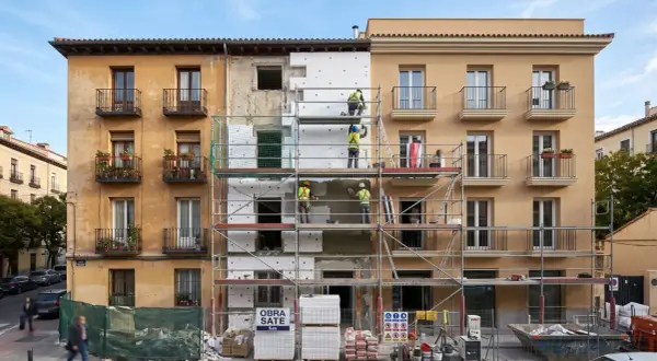 Trabajadores en andamios renuevan fachadas de edificios, aplicando aislamiento térmico. Se ve un cartel de "OBRA SATE".